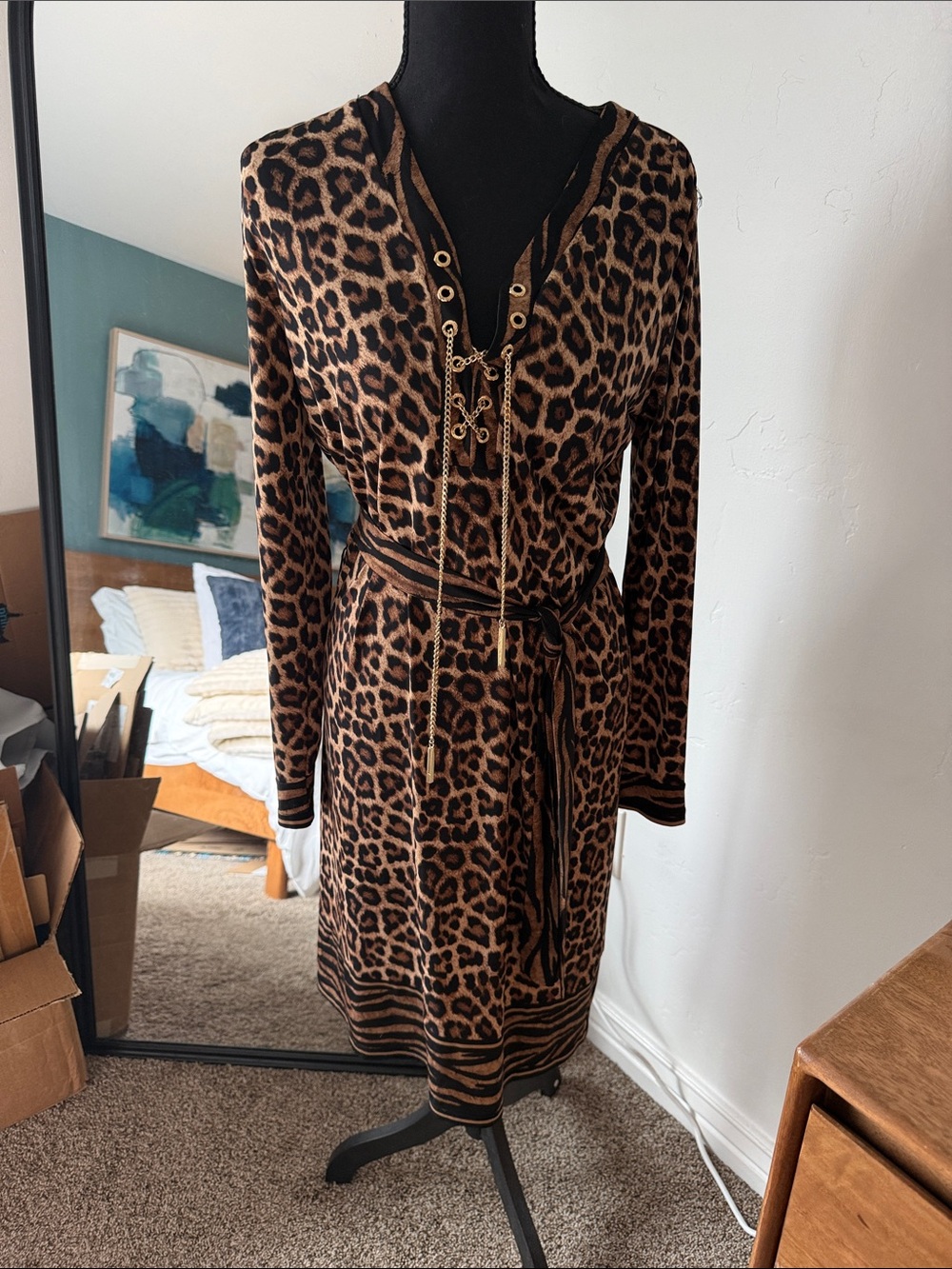 Michael Kors Leopard-Print Long Sleeve Tie-Waist Dress with Gold Chain Accents